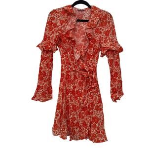 Topshop Red Floral Ruffle Wrap Dress Size 2 US Boho Romantic Long Sleeve Mini